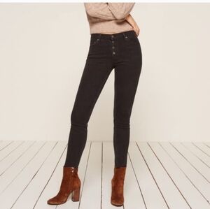 Reformation Stretch Button Fly Jeans Argentine Black Skinny Raw Hem 27